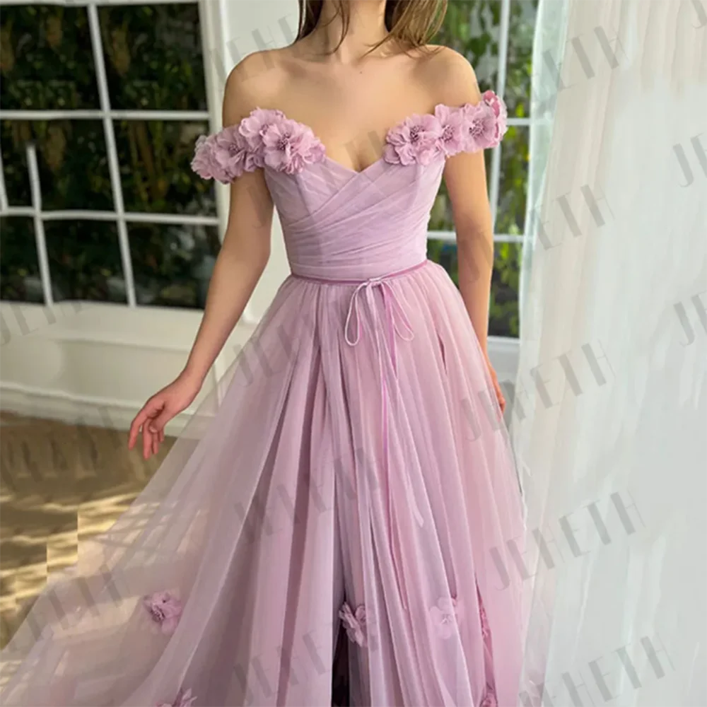 Light Purple Prom Dresses Flowers Off Shoulder Side Split Tulle Floor Length A-Line Dreamy فساتين سهرات Pretty Vestidos De Festa