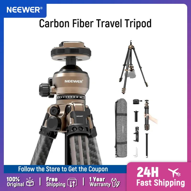 NEEWER LITETRIP Carbon Fiber Travel Tripod with Pan Tilt Low Profile Ball Head, 61