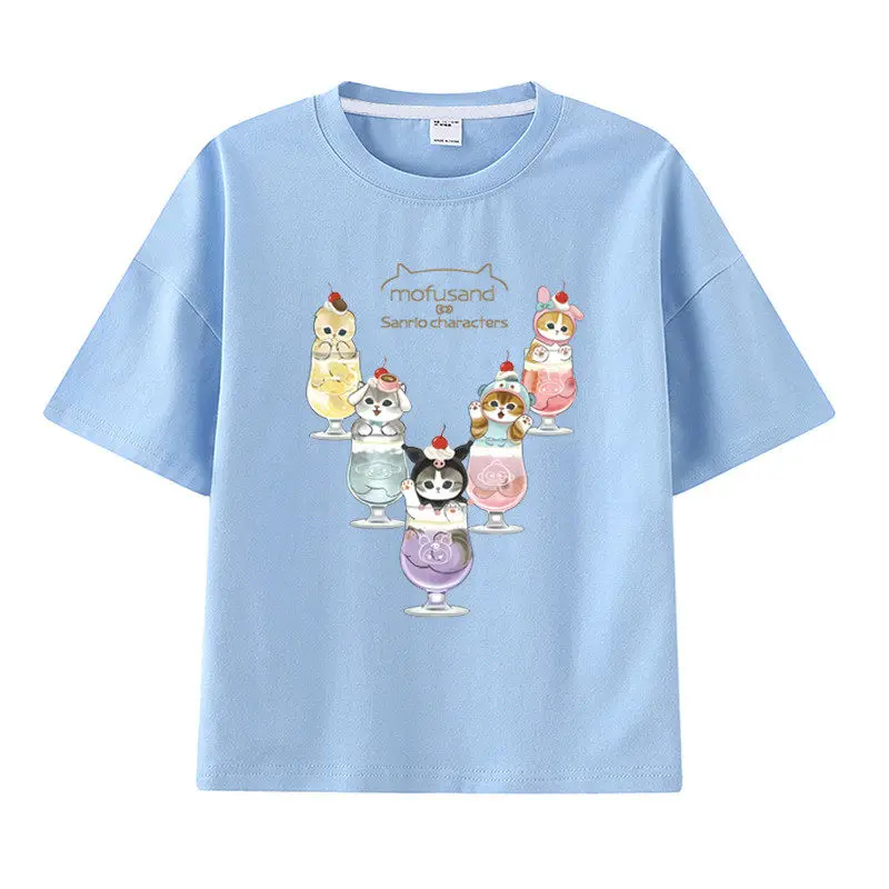 

Футболка Sanrio Ice Cream Cup Cat из чистого хлопка с мультяшным принтом для мужчин и женщин, персонализированная одежда для родителей и детей