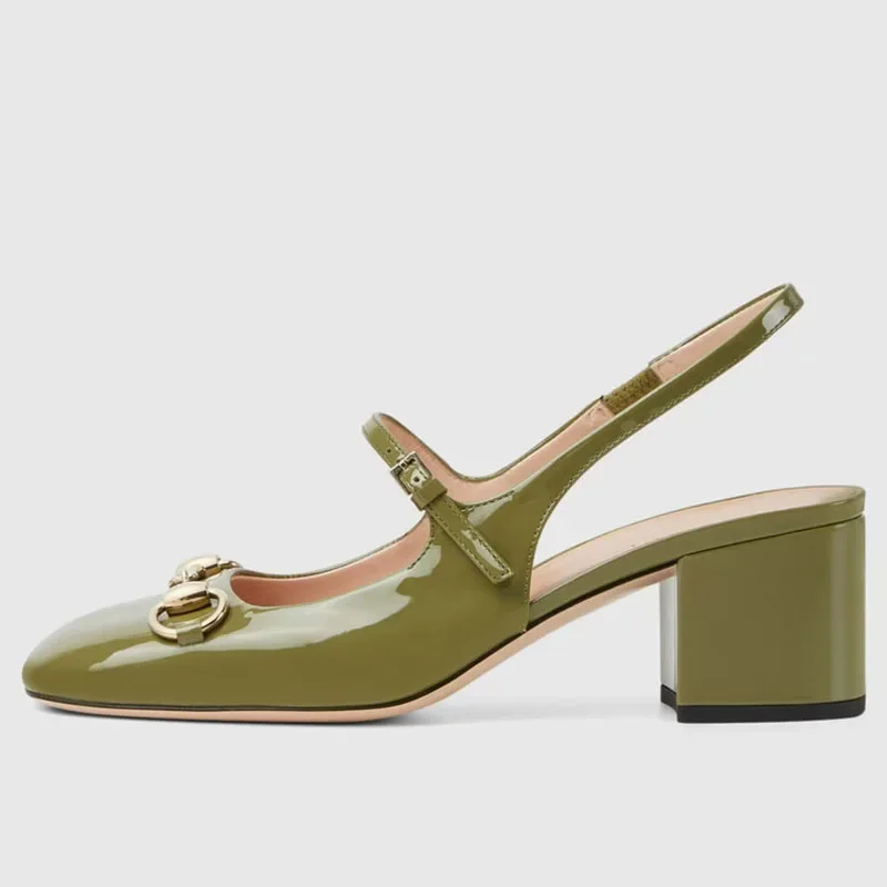 

Women Low Chunky Heels Slingbacks Pumps Square Toe Office Lady Summer Patent Shoes Metal Ornaments Back Cut Out Sandals