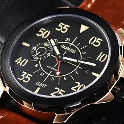 Fashion Parnis 44mm Rose Gold Case Mechanical Watch Calendar Leather Strap Red GMT Automatic Watches reloj hombre 2024 Men Gift