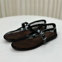 Chic Brand Design Fishnet Ballet Flats Woman Lace Mesh Mary Jane Shoes Ladies Summer Breathable Hollow out Loafers Plus Size