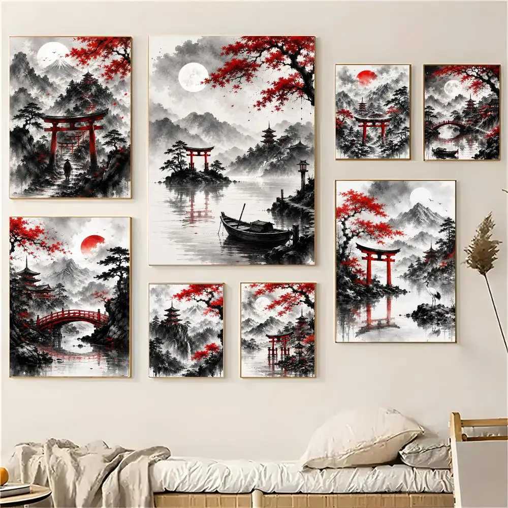 Japanese Ink Red Maple Mountain Torii Poster Modern Aesthetic Home Decoration Wall For Living Room Bedroom Home Gift