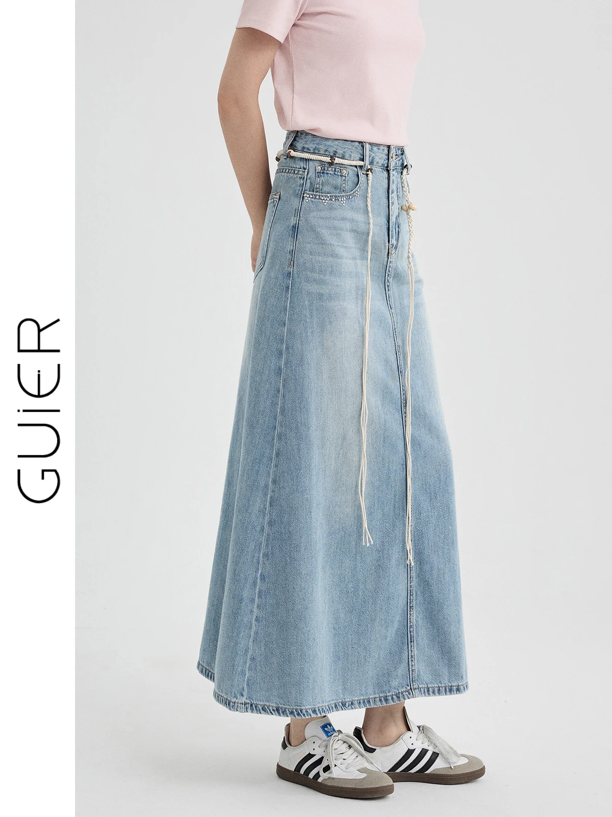 

Casual High Waist Midi A-Line Denim Skirt for Women Summer 2026 New Sle Versatile Beaded Skirts Ladies High Waist Skirts