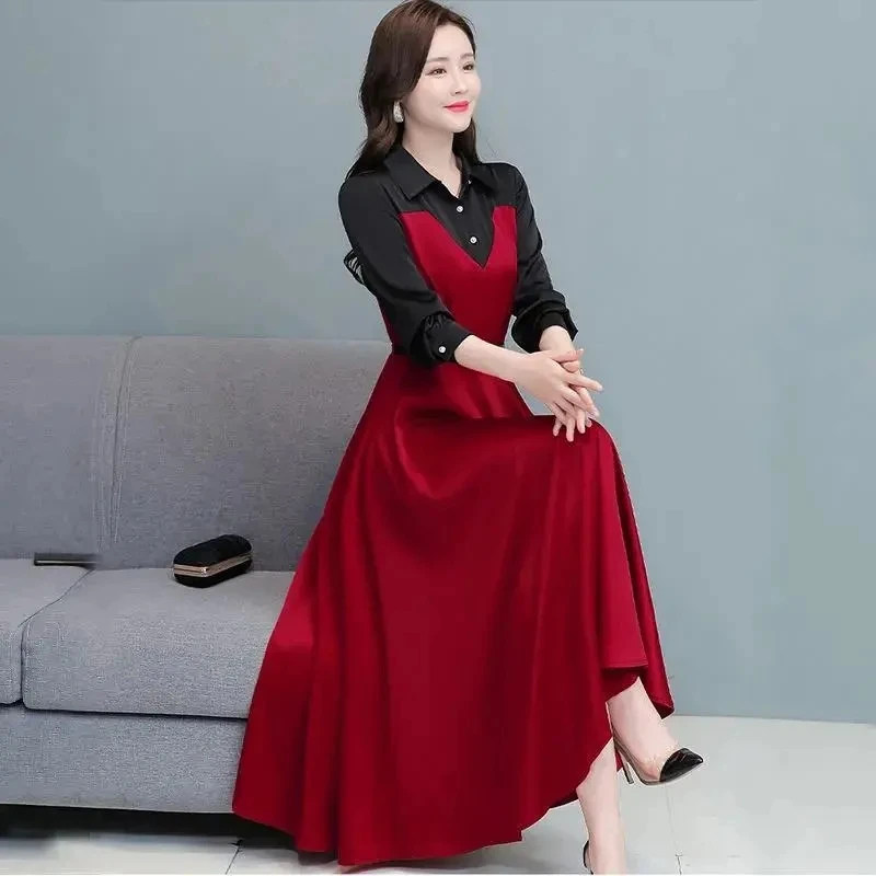 Long Sleeved Patchwork Acetic Acid Satin Dress For Women Spring Autumn New Elegant Long Dress Ladies Fashion Vestidos Belt 4XL