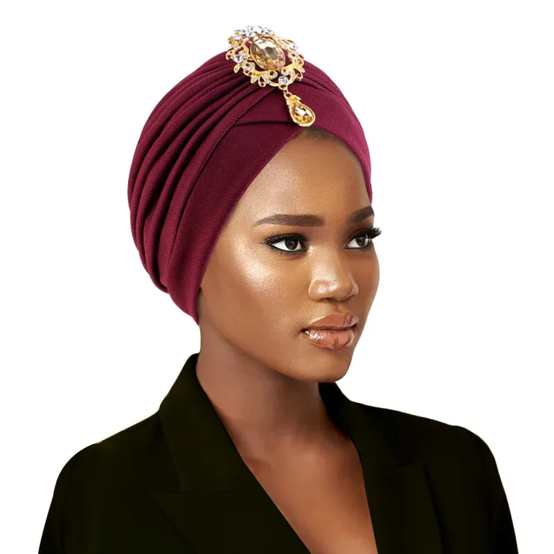 

New Women Rhinestones Turban Hat Muslim Hijab Caps Islamic African Pleated Hijab Head Wraps Bandana Head Cover Chemo Cancer Cap