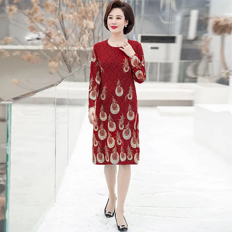 Knitted Dress New Mom Long Sleeve Dress Women\'s Printed Dress