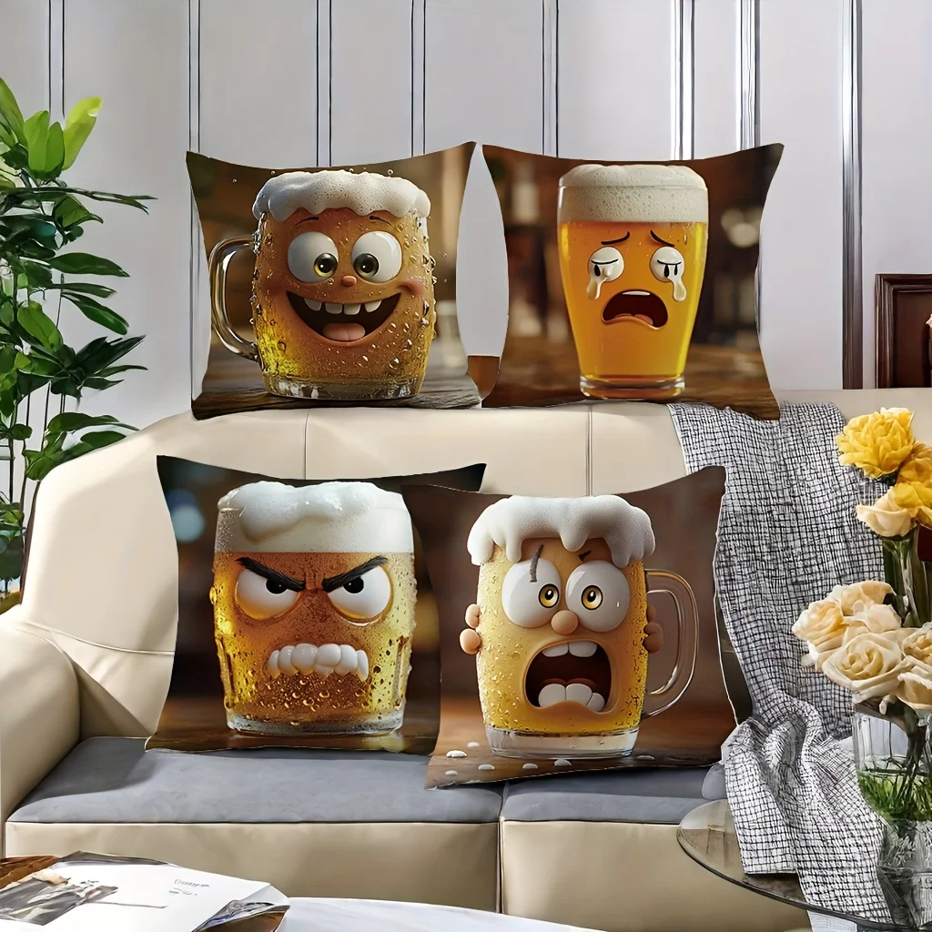 Funny Cartoon Beer Mug Throw Pillow Covers, Emoji Beer Glass Print Cushion Cases, Man Cave Bar Decor for Bedroom Living Room
