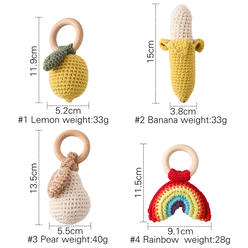 Newborn Baby Teether Music Rattle Baby Fruit Crochet Rattle Cute Cartoon Animal Crochet Rattle Soother Bracelet Kids Wooden Toys