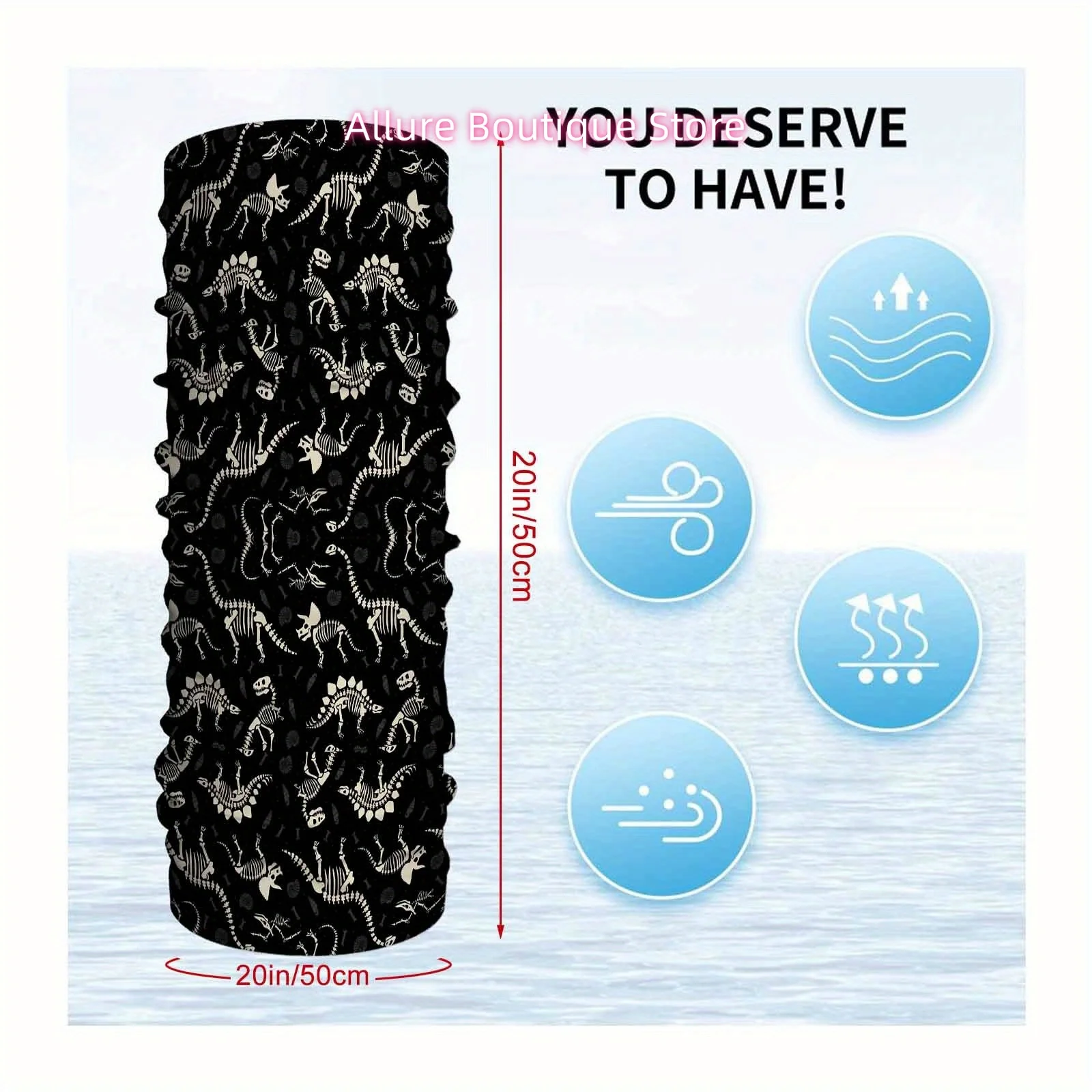 Dinosaur Skeletons, Black Background, Fossil Pattern Multi Functional Print Scarf Men Women Unsix Mask Neck Mask Holiday Events