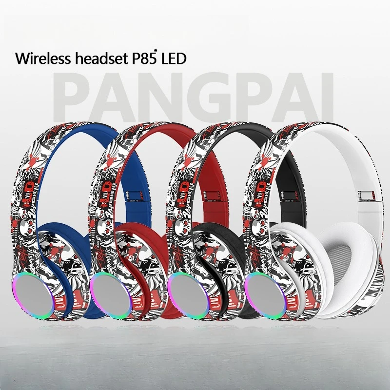

P85 Graffiti Wireless Headset Bluetooth 5.3 Earphones with Microphone Heavy Bass Headphones with LED Light FM Radio Foldable