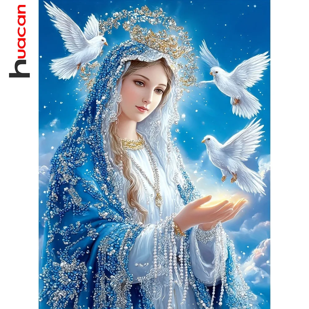 Huacan 5D Diamantmalerei Jungfrau Maria mit Vogel Diamant-Mosaik Porträt Religiöses Set Heimdekoration Handgemachtes Geschenk