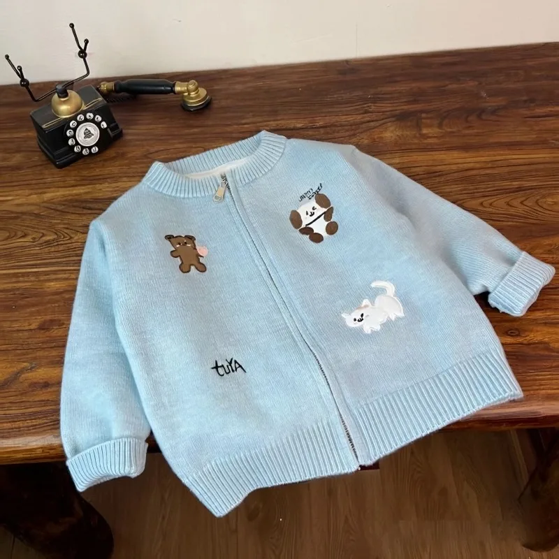 UNITIM Herbst Kinder Mädchen Reißverschluss-Pullover Mantel 2-8 Jahre Baby Mädchen Cartoon Stickerei Strickjacke Kinder Mädchen Blaue Strickwaren – Detail 3