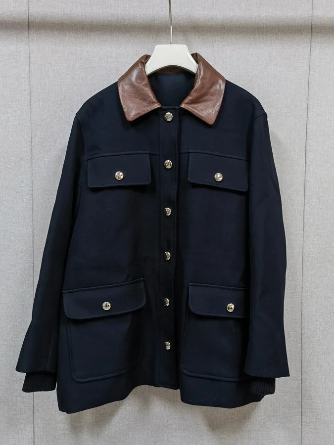 

Autumn Winter Women's Jaet Dstring Waist Corduroy Fabric Color Blo Leather Collar Coat Sli Ele Design