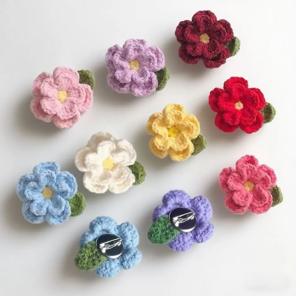Brooch Handmade Camellia Crocheted Yarn Flower Pin DIY Cute Little Red Flower Chest Accessories Pendant Finished Product