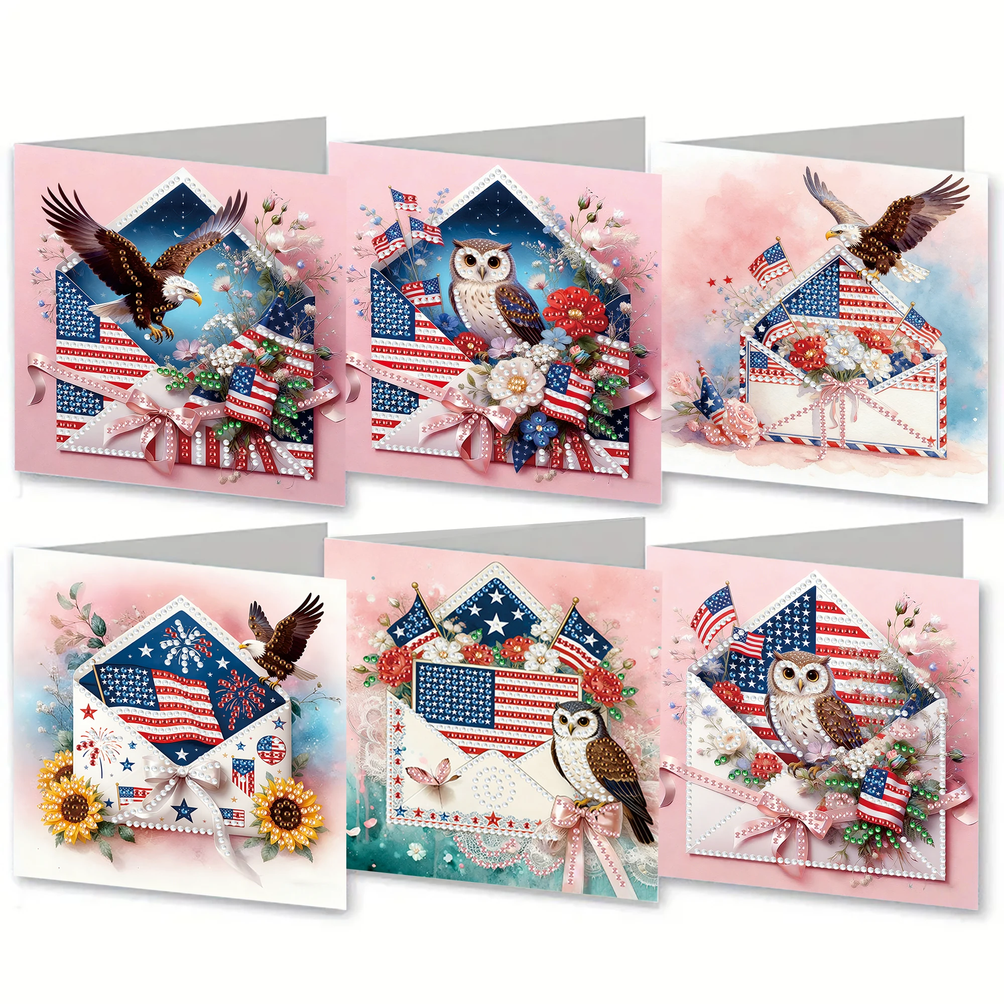 6-piece DIY diamond painting greeting card with envelope, wishes and wishes, Independence day eagle theme unique design