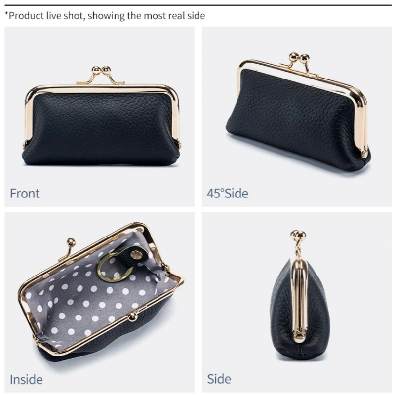 Vintage Kiss Lock Small Wallet Genuine Leather Lychee Texture Women Compact Pouch for Lipstick Coins Cards Keys Brand Coin Purse