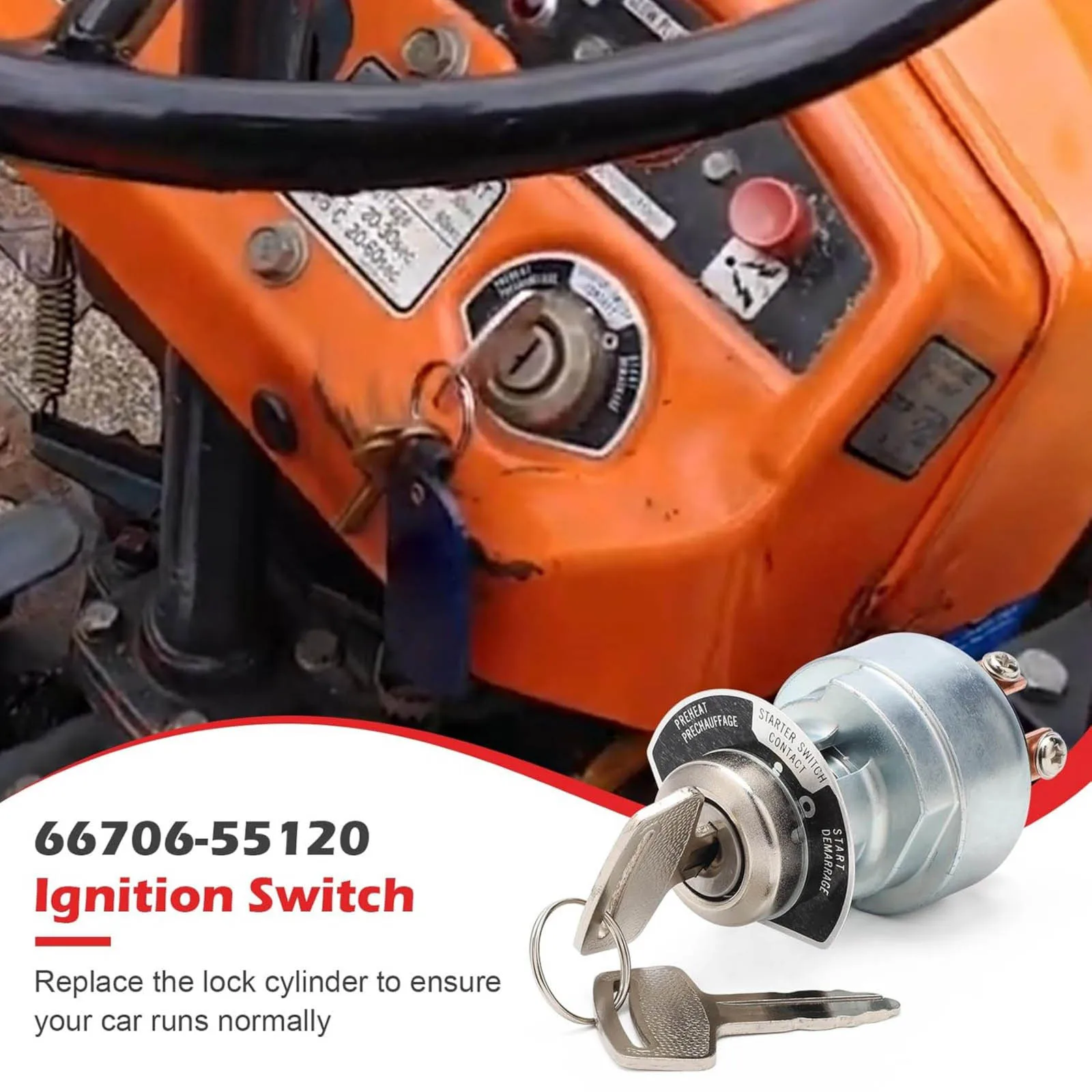 Metal Ignition Switch with 2 Keys for Kubota Engine Tractor Grasshopper Mower 928D 930D 725D 722D Replace 66706-55120 183827