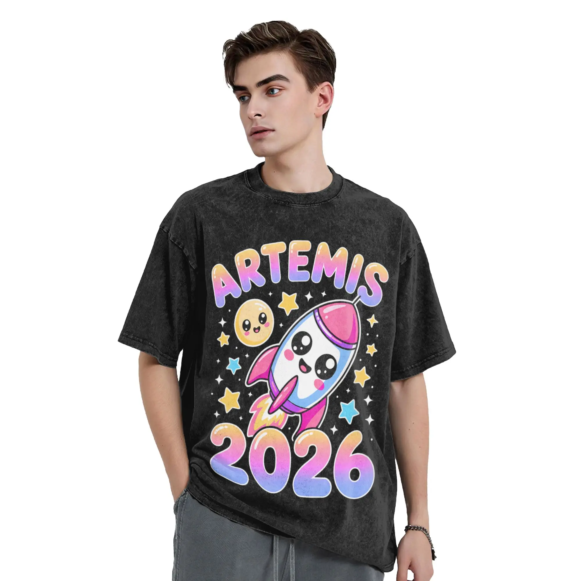Artemis II Launch Back to The Moon  T Shirt Hip Hop Washed Cotton Oversize T-Shirt  Vintage Tops Streetwear Printed Tee Shirt