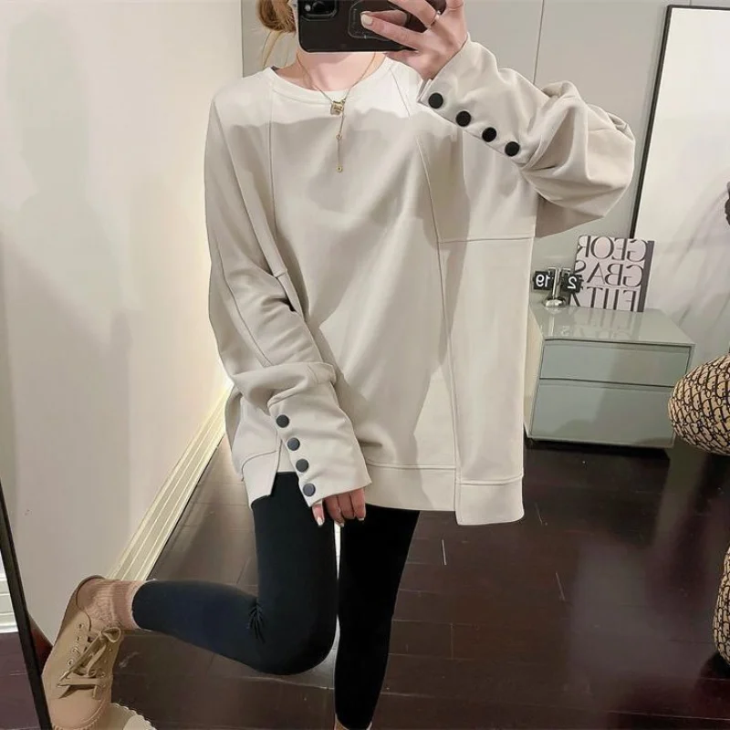 Women\'s Spring Autumn Korean New Round Neck T-shirt Fashion Leisure Sweatshirts Button Panel Loose Versatile Long Sleeved Tops