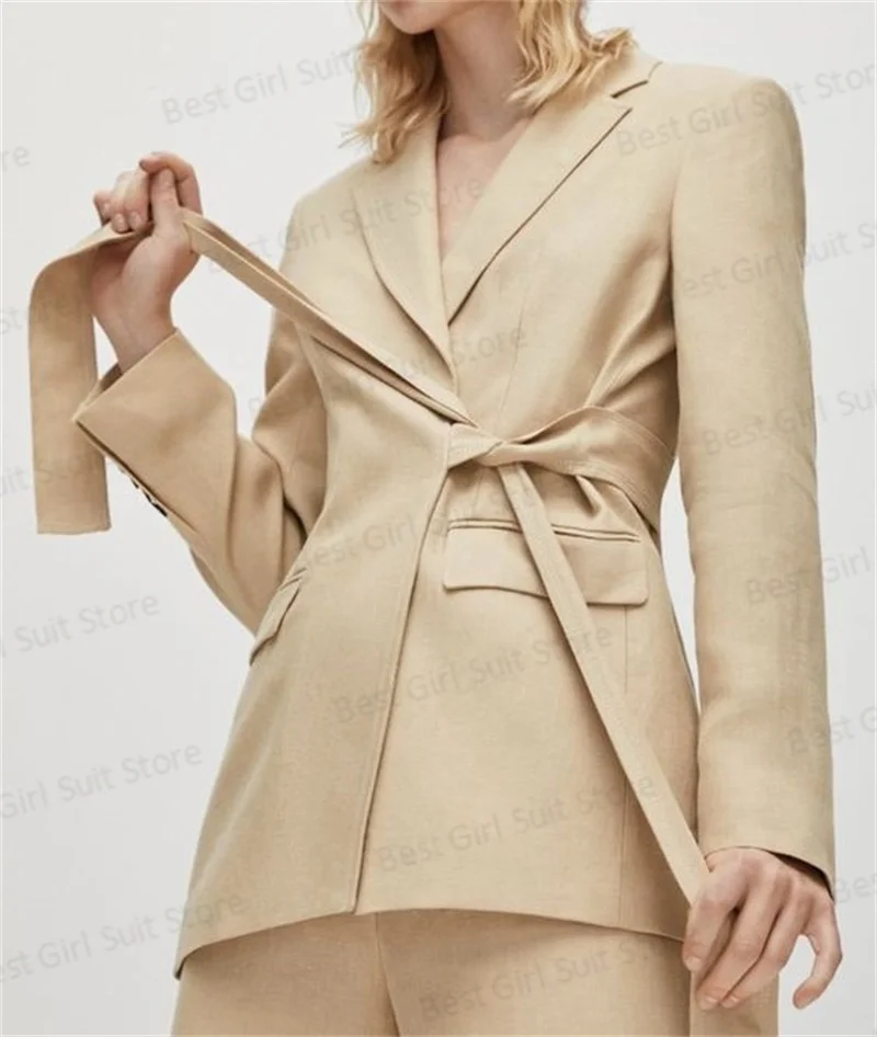 Beige Women Suit Set 2 Piece Blazer Jacket+Pants Formal Office Lady Wedding Tuxedo Tailored Made Elegant Coat Belt Prom Dress