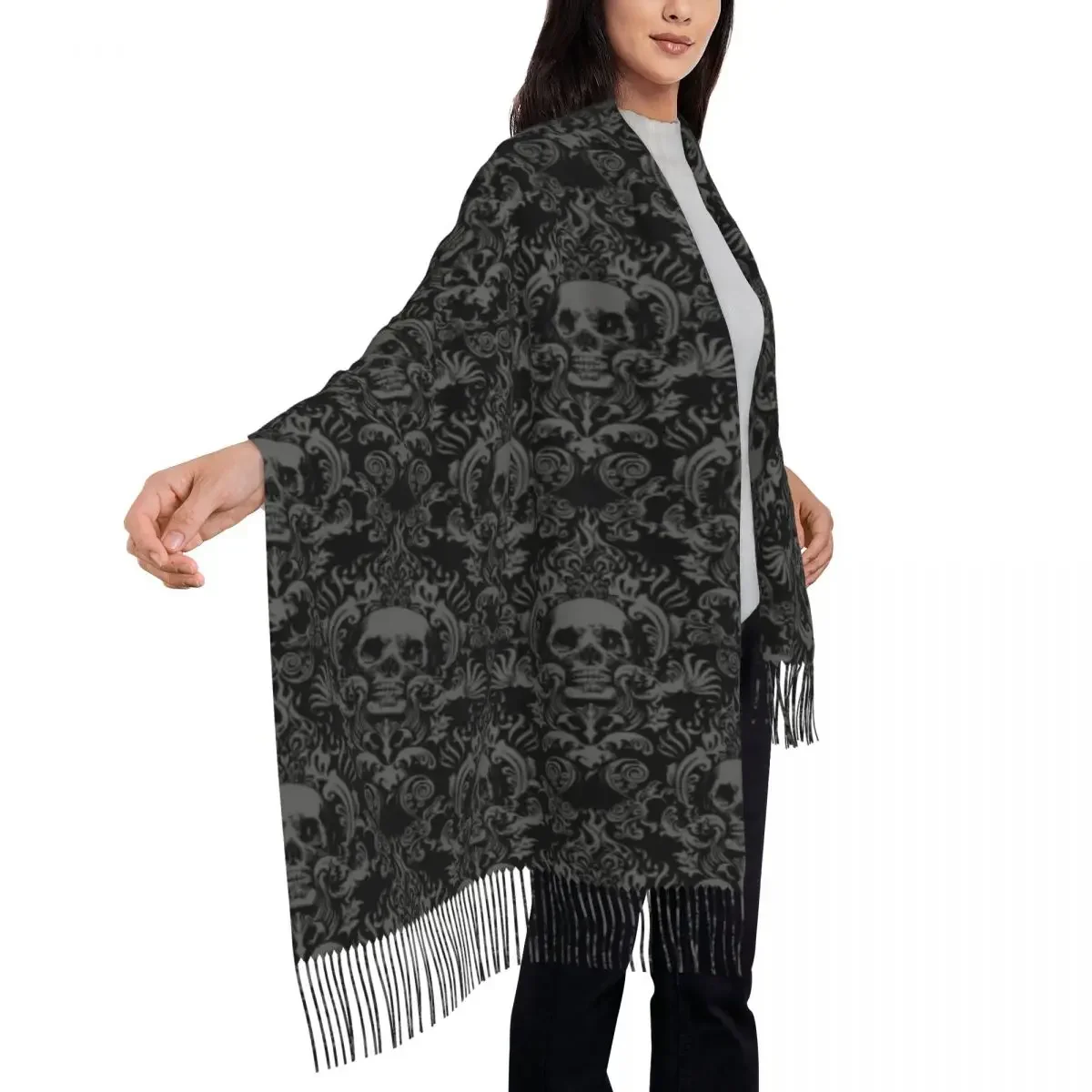 Custom Vintage Halloween Gothic Black Skull Damask Scarf Wrap for Women Long Winter Fall Warm Tassel Shawl Unisex Scarves