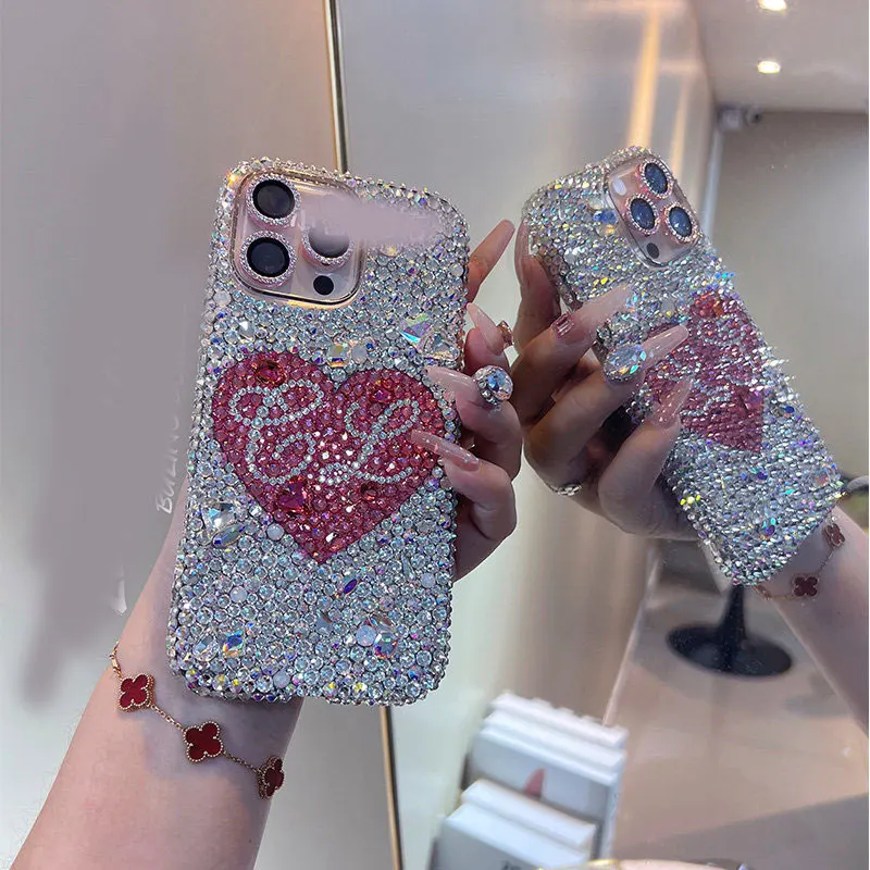 Custom Initial Letter Rhinestone Phone Case for iPhone 18 17 16 15 14 13 12 Pro Max Plus Luxury Sparkly Pink Heart Diamond Cover