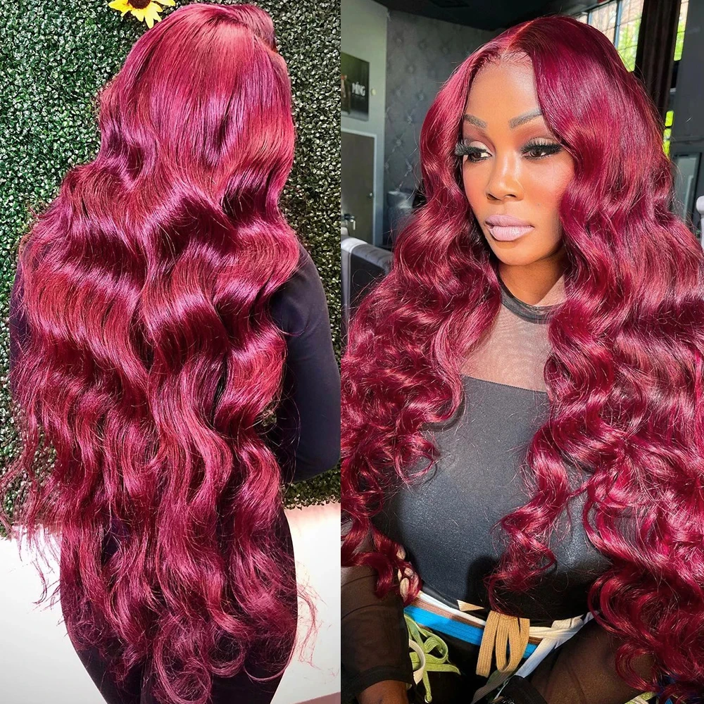 180 Density 99J Burgundy Body Wave HD Lace Frontal Wig 13x6 Human Hair 30 Inch Lace Front wig Wine Red Colored For Women Wig