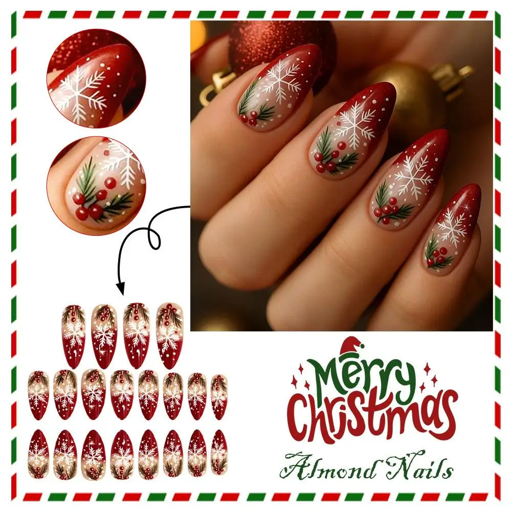 Uñas postizas con punta francesa navideña, almendra, Navidad, punto rojo francés, copo de nieve, baya en relieve, uñas postizas extraíbles, uñas con purpurina