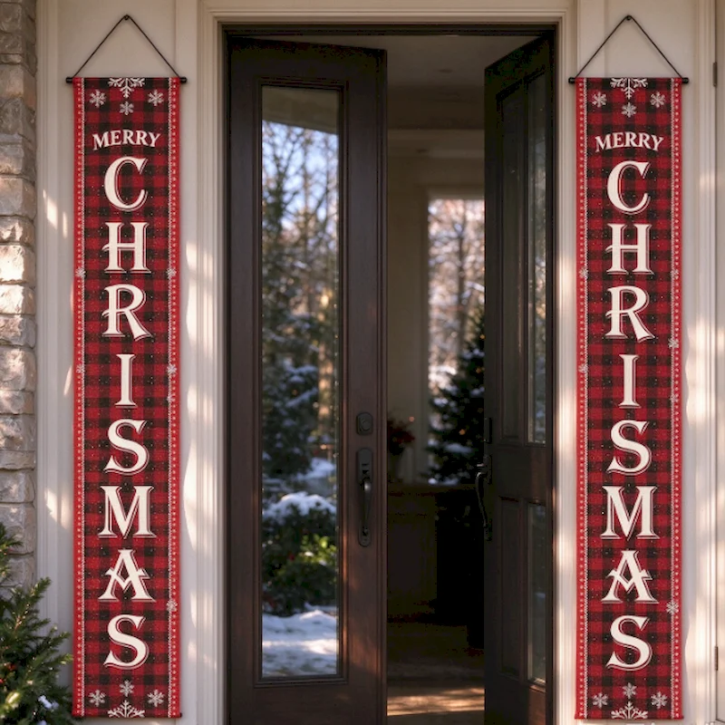 VIKAMA Merry Christmas Porch Banner, Buffalo Plaid Snowflake Vintage Door Hanging Decor, Xmas Front Door Decor