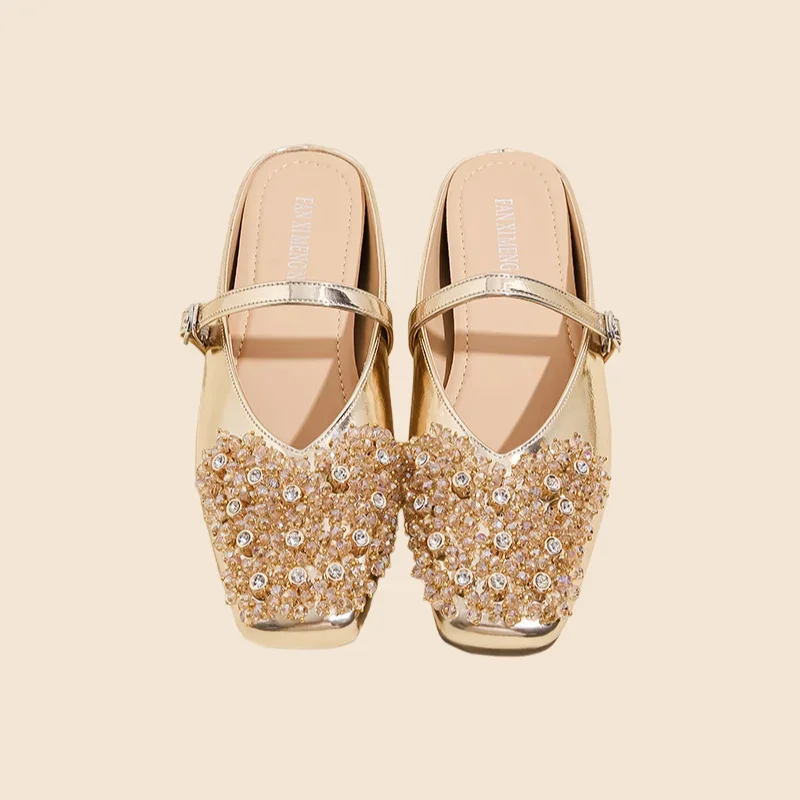 Summer Fairy Fashion Trend Light-Weight Comfort Flat Bottom Shallow Mouth Height Shoes Slip-On Closed Toe with Rhinestone Buckle