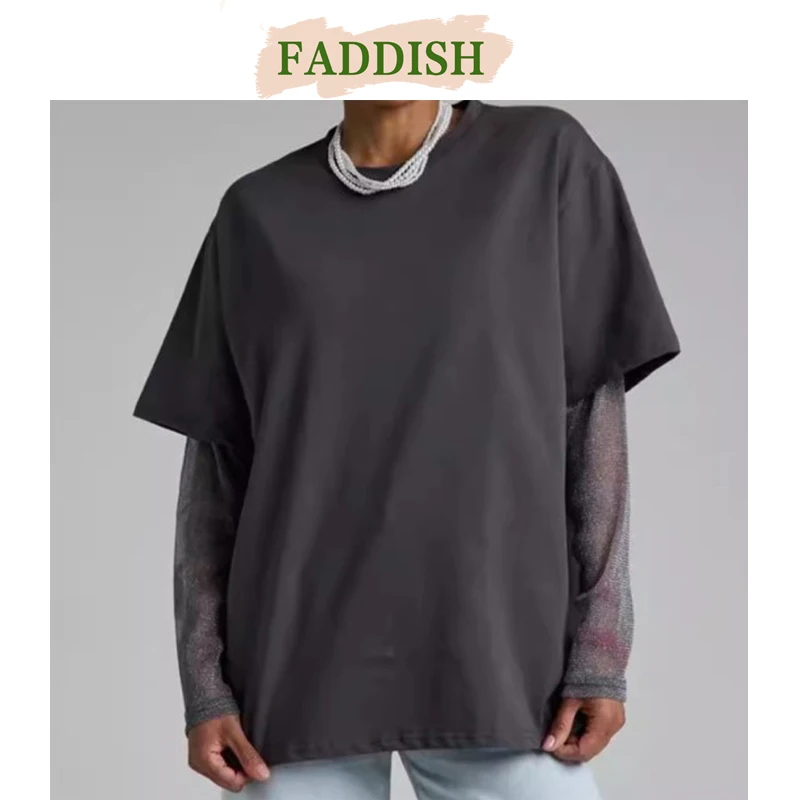 FADDISH 2024 Summer New Women Fashion Loose Bright Silk Mesh Splicing Sunscreen T-Shirt Female Solid Casual Long Seeve Tees Tops