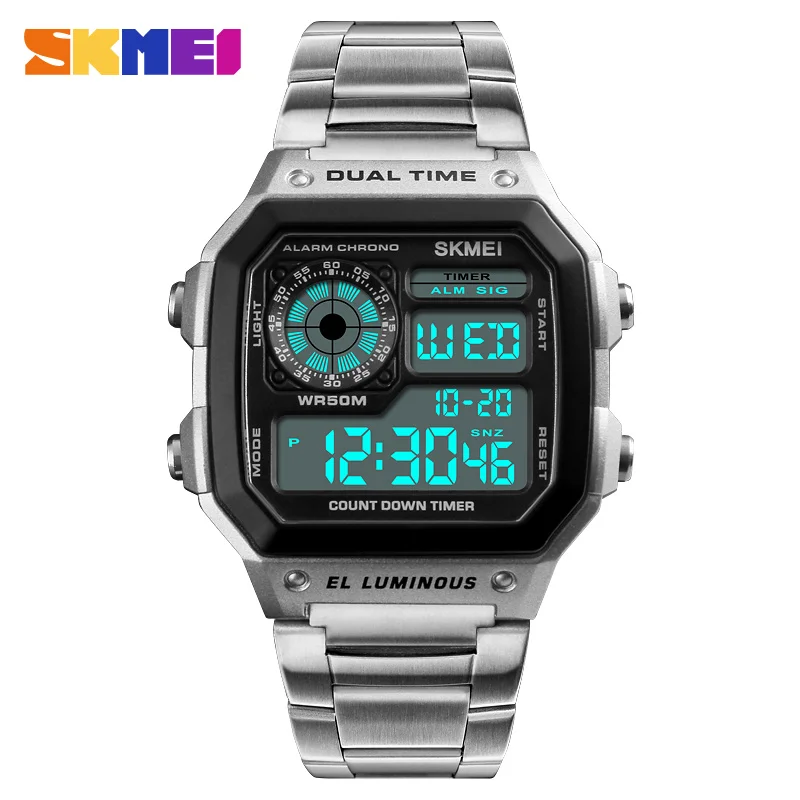 SKMEI 1335 Electronic Mens Wristwatches Sports Digital Watch for Men Waterproof Stainless Steel Chrono Clock 1998 Reloj Hombre