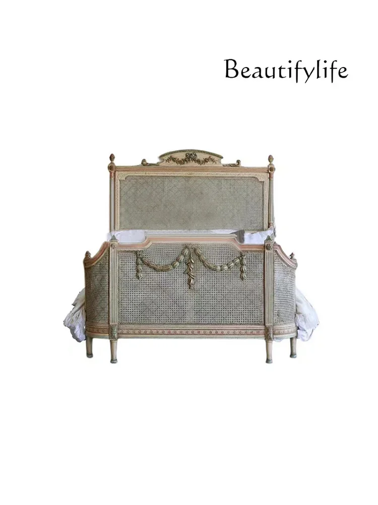 

French retro rattan art bed American double classical old carved bed hand-painted antique wedding bed