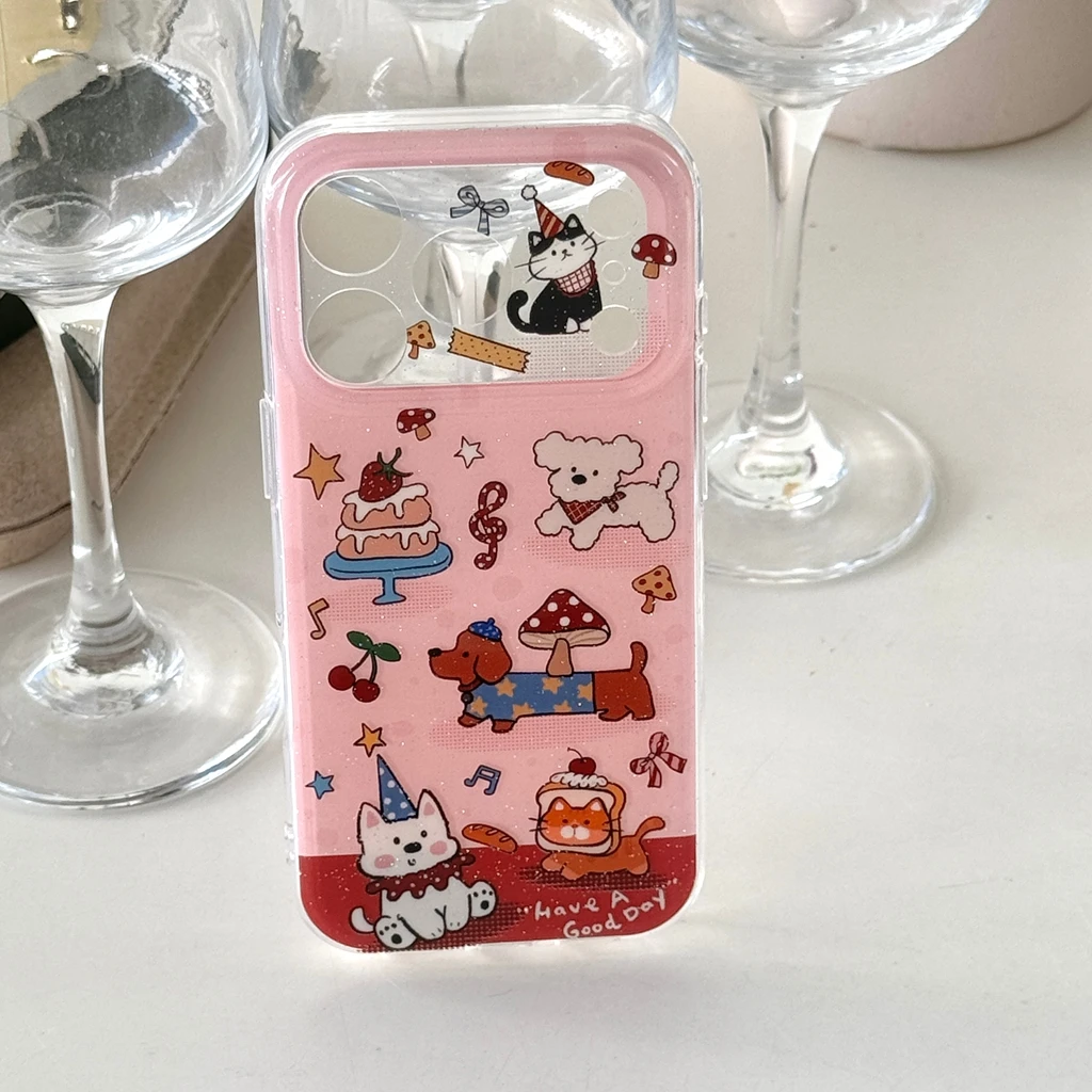 لطيف الوردي القط الألماني الكلب كعكة الكتابة على الجدران مع الحبل للصدمات واقية غطاء الهاتف آيفون 17 16 15 14 برو ماكس