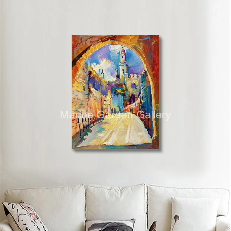 Textured Jerusalem Landscape Canvas Art Archway Holy Land Hand Painted Jewish Oil Painting Modern Wall Decor for Judaica Home