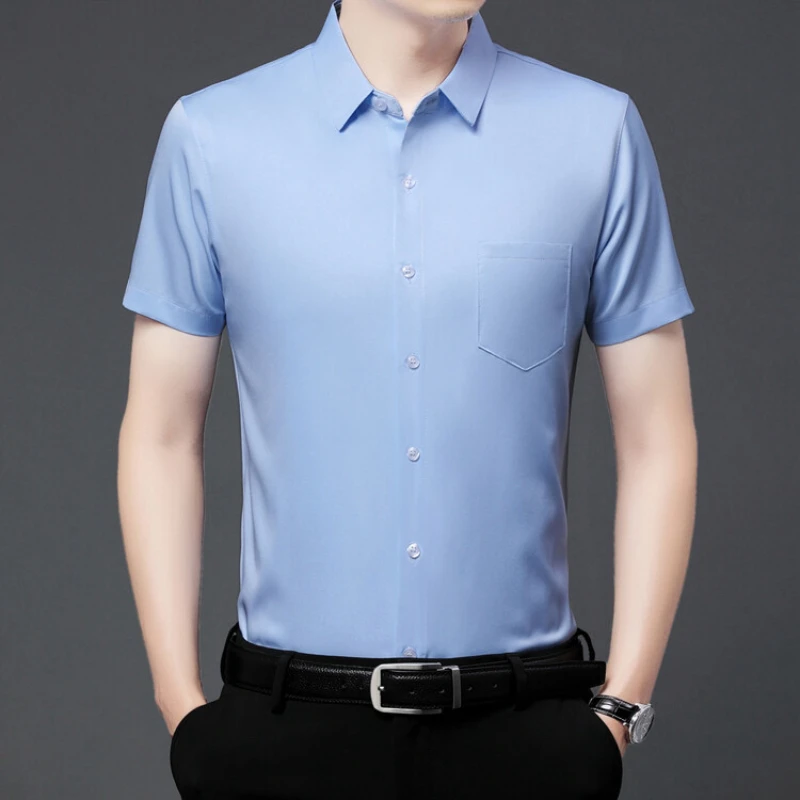 قمصان بيضاء للرجال ملابس مكتبية عالية الجودة غير حديدية مع جيب الثدي قمصان رجل الأعمال طويلة الأكمام عادية بولو T القمم