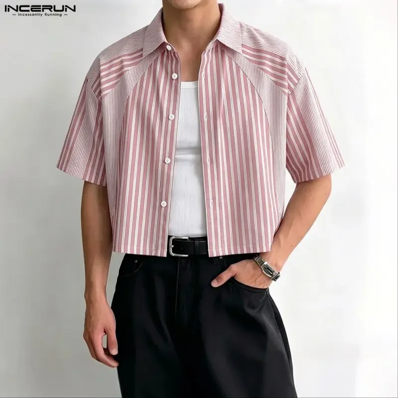INCERUN Men Shirt Striped Patchwork 2026 Lapel Short Sleeve Crop Tops For Man Summer Streetwear Loose Fashion Casual Men Clothes