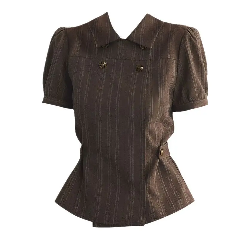 Kimotimo Vintage Striped Short Sleeve Shirt Women Summer Double Breasted Slim Waist Crop Top Elegant Fashion Versatile Blouse