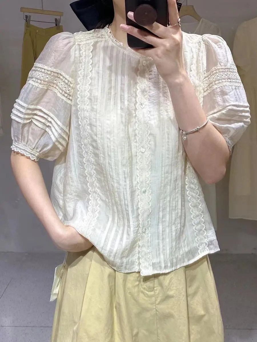 

Lace Lace Short Sleeved Shirt For Women In Summer Korean Version Loose French Style Top Fashionable Temperament White Shirt