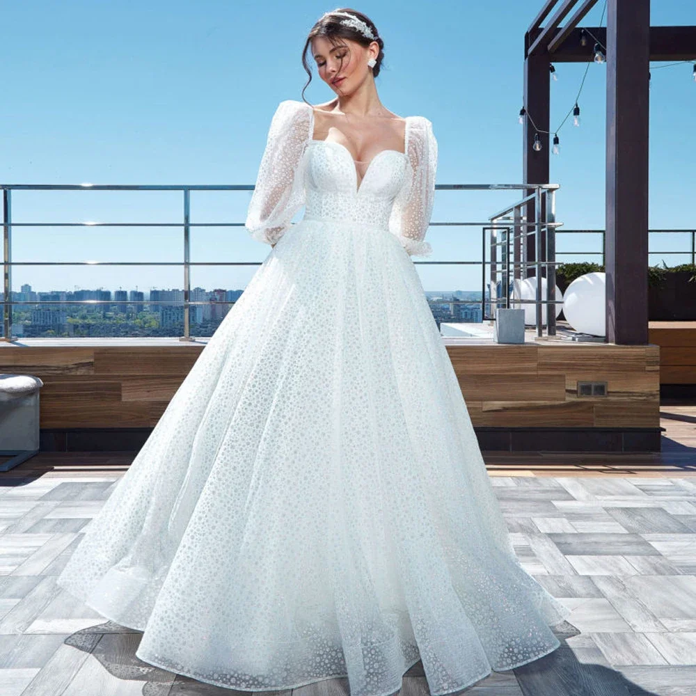 Customized Classic Wedding Dresses Smooth A-line Half Puff Sleeves Sweep Trian Backless Lace Design High Quality Women Br