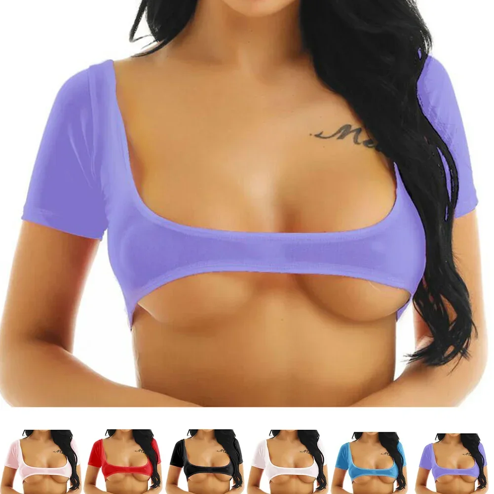 Womens Sexy T-shirts Soft See Through Crop Top Open Bust Short Sleeves T-Shirt Causal Y2k Clothes Elastic Tops Woman Clothing