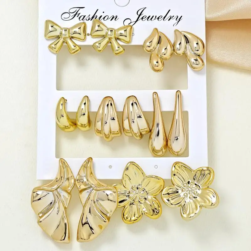 7Piairs/8Pairs Vintage Earrings Combo Set CCB Golden-Tone Fashion  Flowers Bow Geometric Ear Studs Jewelry Accessories