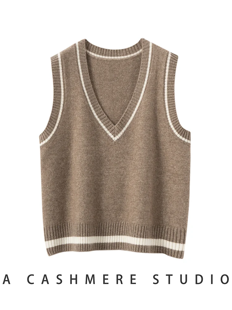 

TLOML Women's 100% Cashmere Sweater V-neck Vest Pullover Art Retro Preppy Style Cashmere Knitwear Autumn Winter Sleeveless Tops