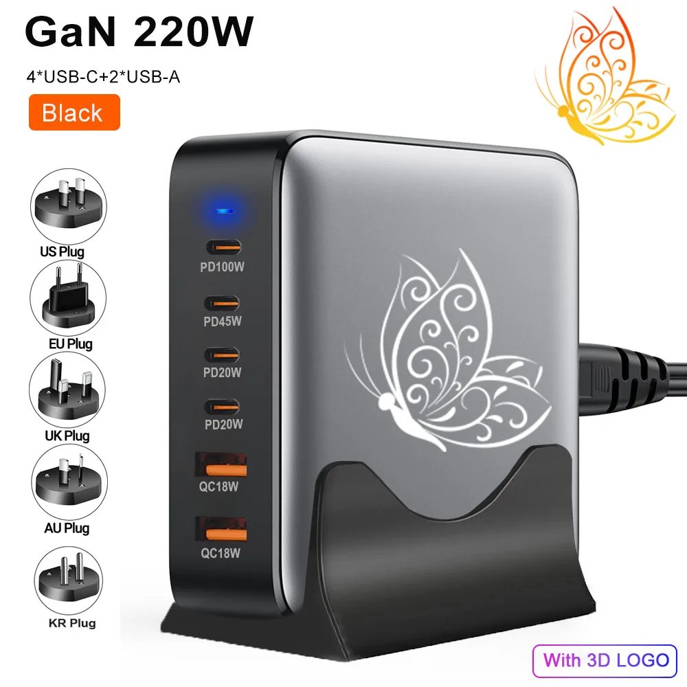 PSDA 2D 220W GaN Desktop Charger 6-port USB Type C PD Charger Fast Charge 3.0 USB Type C Fast Charger Mobile USB Charger