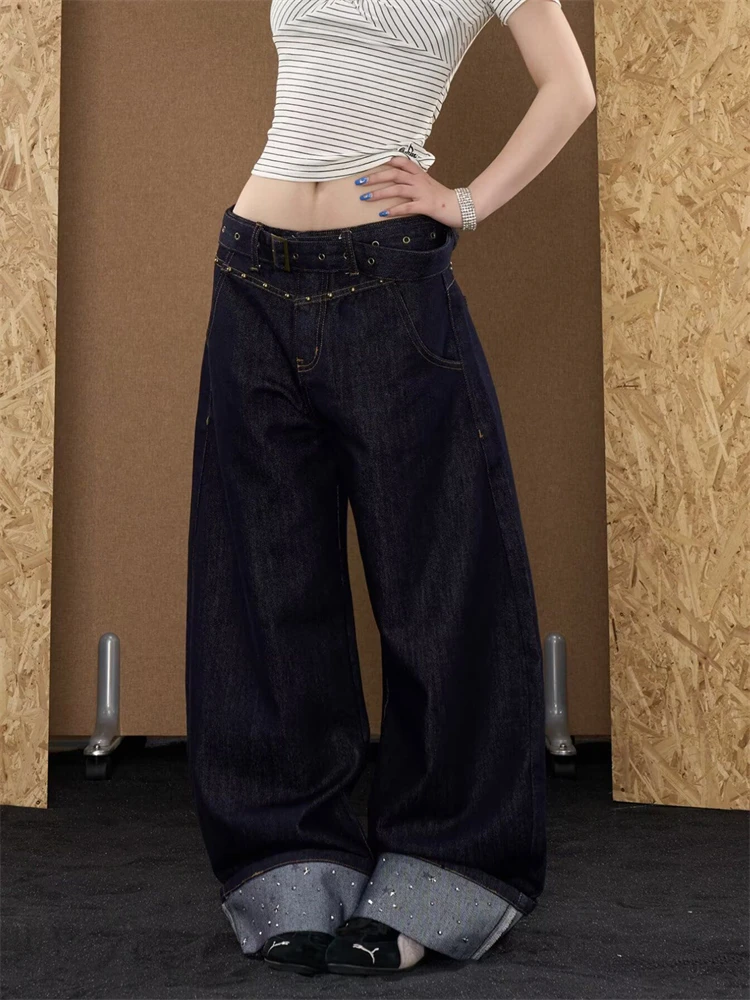 Women's IFlanging Design Retro Black Jeans 90s Casual Streetwear Unisex Baggy Pants Female Wide Leg Trousers Sweatpants Women