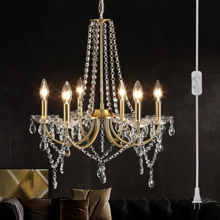 

Dining Room Bedroom Living Room Kitchen Closet use Gold Crystal Chandelier Lighting with Long Cord, 6-Light Modern Plug-in Pend