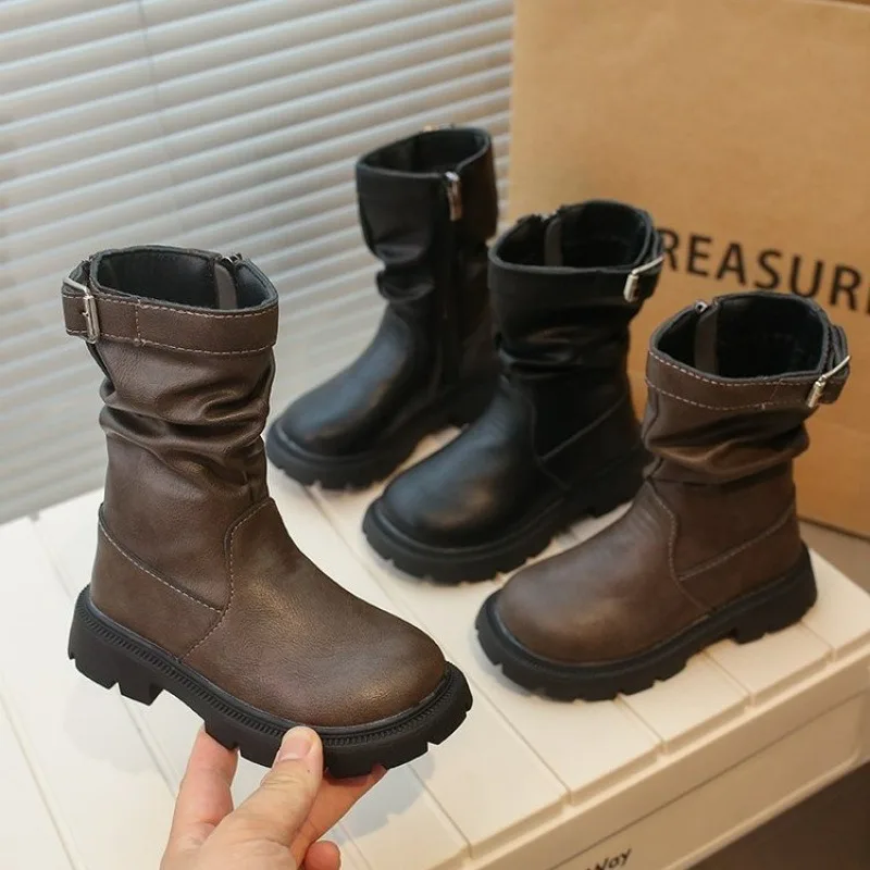 

Fashion Girls Boots 2024 Autumn and Winter New Girls Solid Color Versatile Short Boots Children PU Side Zipper Leather Boots