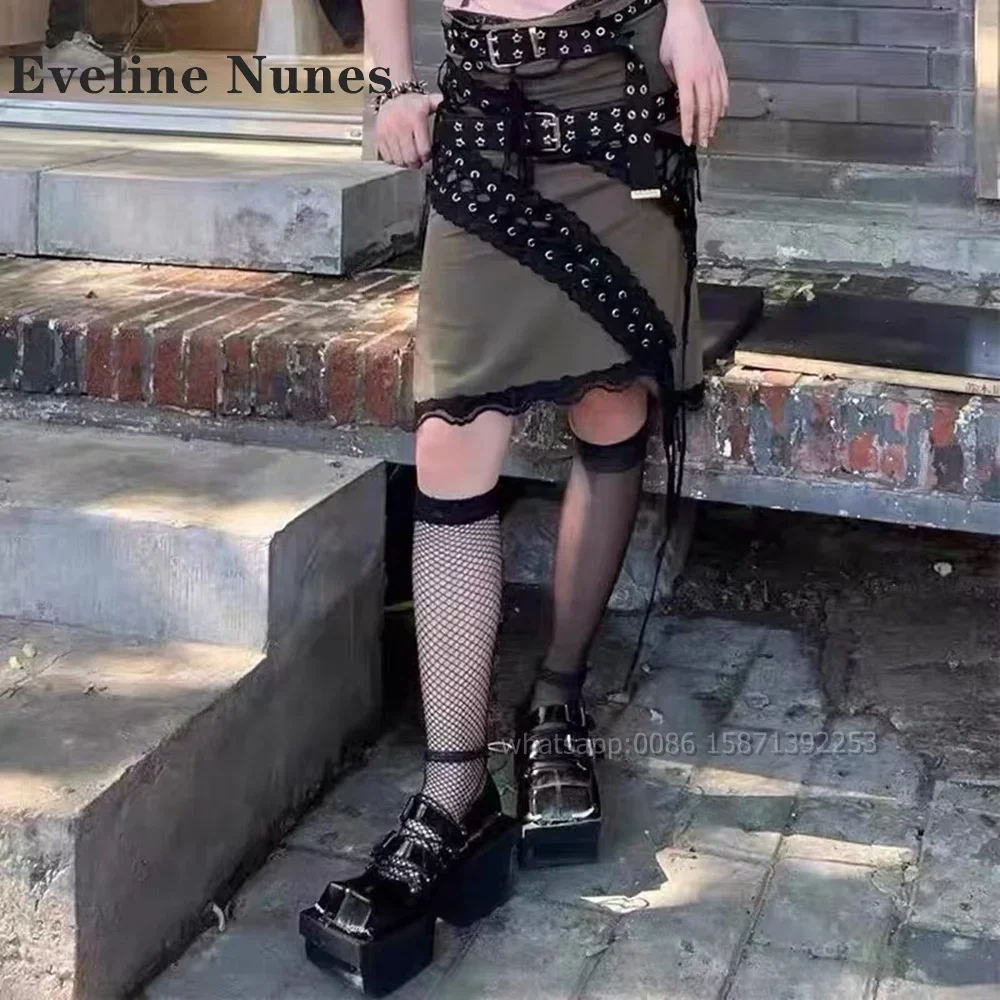 Platform Belt Buckle Mary Janes Square Toe Height Increasing Cross Tied Shallow Black Pumps Retro Punk Metal Decoration Shoes