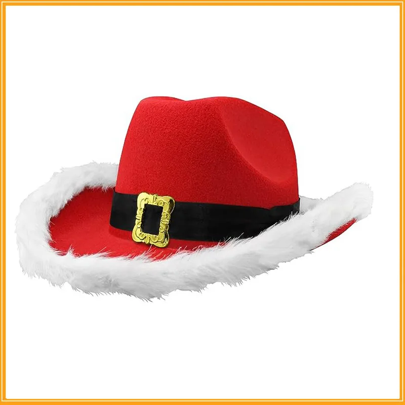 Christmas Party Cowboy Feather Hat Faux Fur Trimmed Non Glow Red Santa Hat Western Carnival Hat